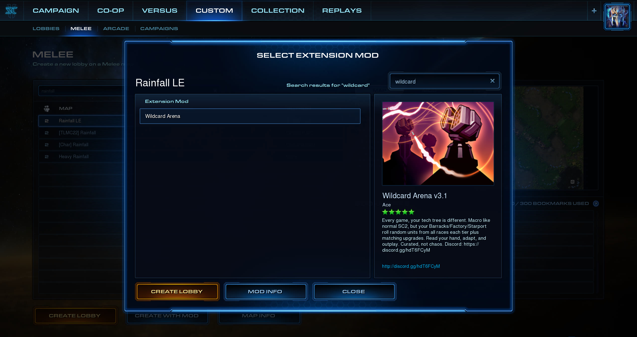 StarCraft II's Select Extension Mod dialog, reached from Custom then Melee. A search for “wildcard” returns Wildcard Arena, selected, with its store listing on the right and a Create Lobby button below.